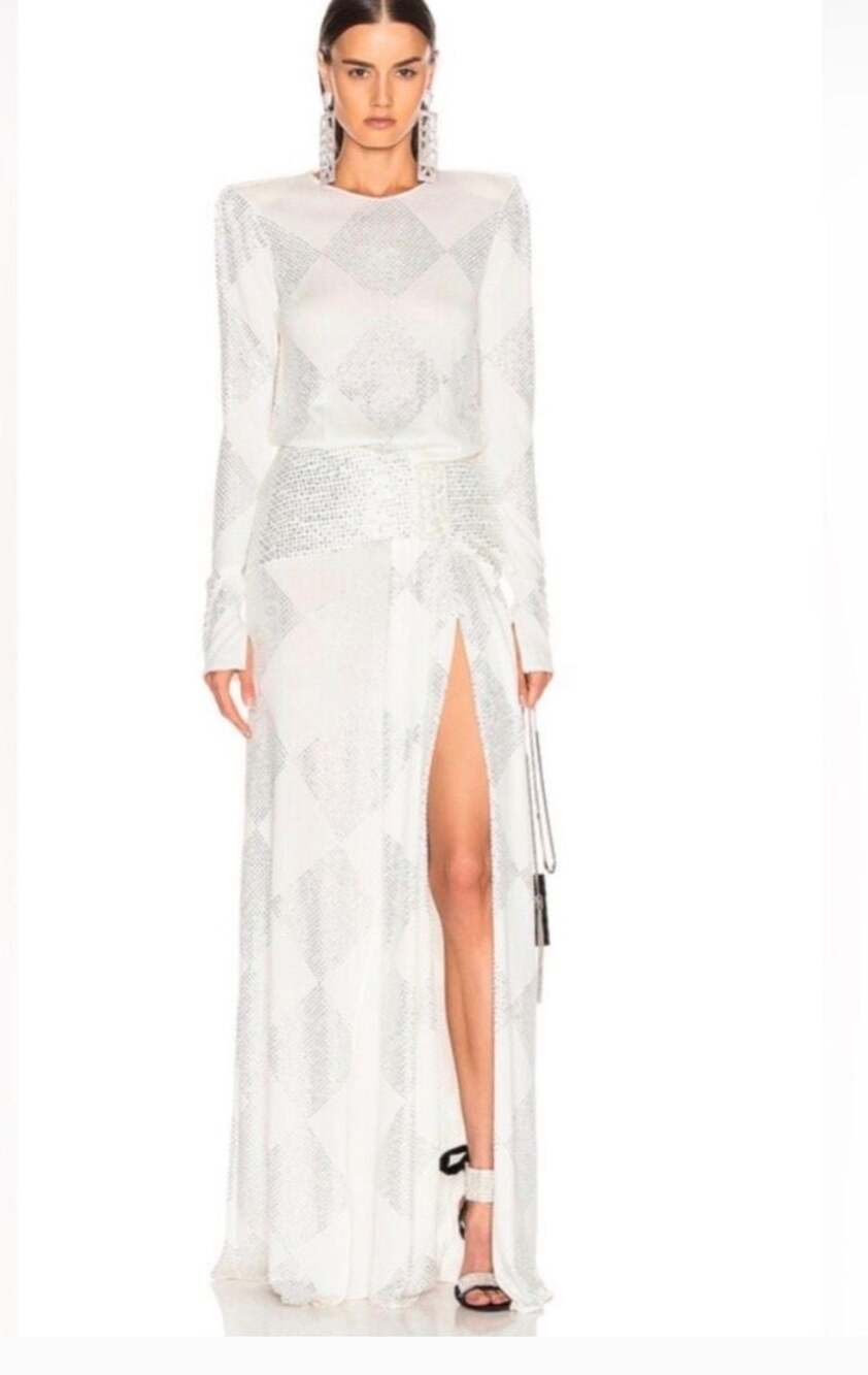 Raisavanessa White Rhinestone Embellished Long Sleeve Maxi Dress Size 40